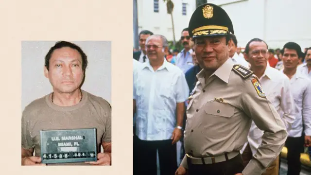 合成圖片顯示前巴拿馬領導人曼努埃爾·諾列加在美方拘押時的嫌犯照片,旁邊是他早年身穿軍裝、戴著軍帽、面帶微笑的照片