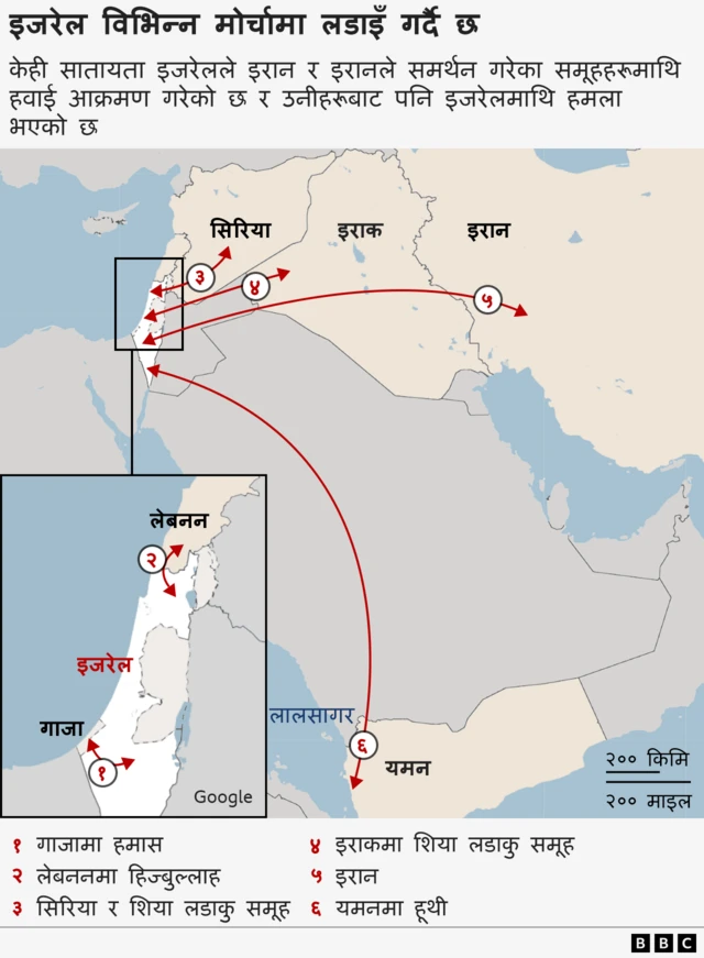 इजरेल र उससँग सङ्घर्ष गरिरहेका देशहरू देखिने नक्सा