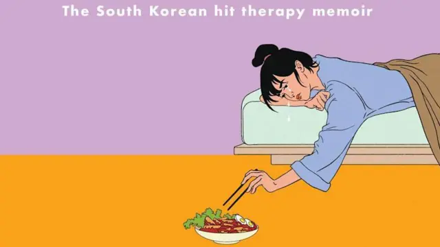 Drawing of a woman wey dey lie flat for bed, as tears dey fall from her face as she try to collect bowl of tteokbokki wit chopsticks
