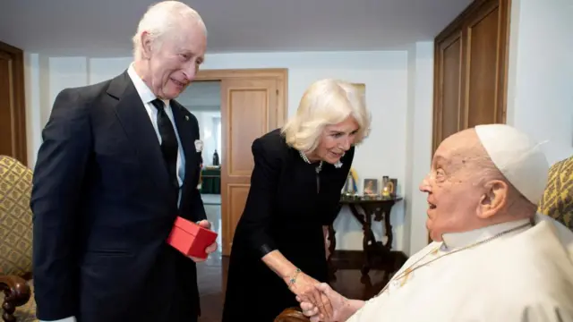 King Charles III pictured standing next to Queen Camilla who is shaking Pope Francis's hand while the Pope is seated