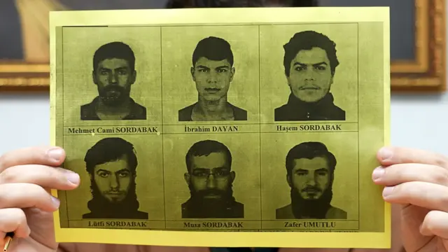 Avukat Güler'in fotoğraflarını gösterdiği IŞİD şüphelileri. Her birinin fotoğrafı ve altlarında adları var. Adları Haşem Sordabak, Lütfi Sordabak, Musa Sordabak, Mehmet Cami Sordabak, Zafer Umutlu ve İbrahim Dayan.
