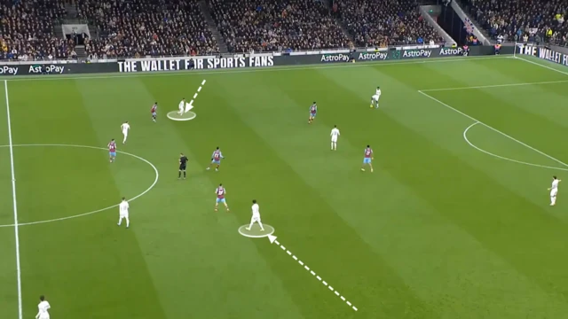 Screengrab from a Spurs match managed by Ange Postecoglu showing the inward inverting movements of both fullbacks.
