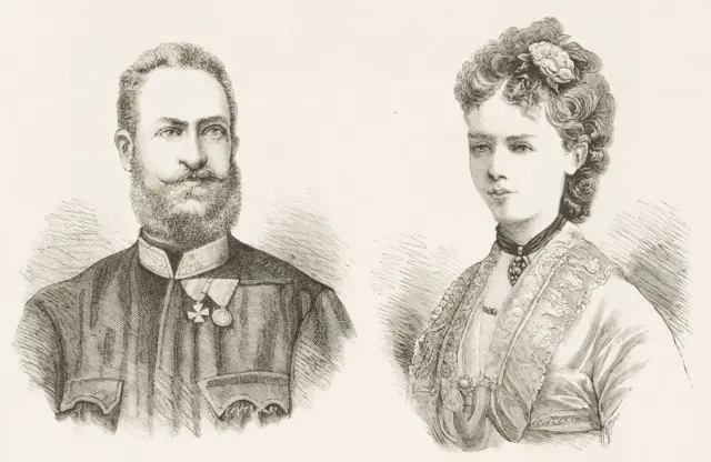 Retratos de Ernesto Augusto (1845-1923), príncipe heredero de Hannover, heredero de Brunswick, tercer duque de Cumberland y Teviotdale, tercer conde de Armagh, y la consorte Thyra (1853-1933), princesa de Dinamarca.