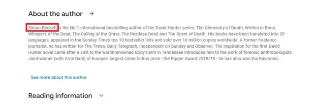 بخش درباره نویسنده کتاب رایحه مرگ در گوگل‌بوکز که به اشتباه نام و زندگی‌نامه سیمون بکت، نویسنده بریتانیایی نوشته شده است