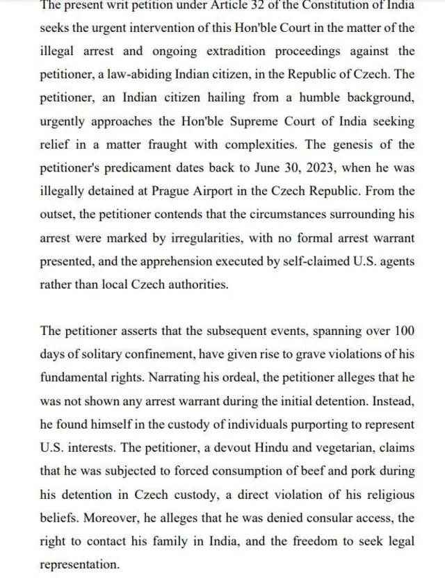 निखिल गुप्ता की तरफ़ से दायर याचिका में बीफ़ और पोर्क खाने के लिए मजबूर किए जाने की बात कही गई 