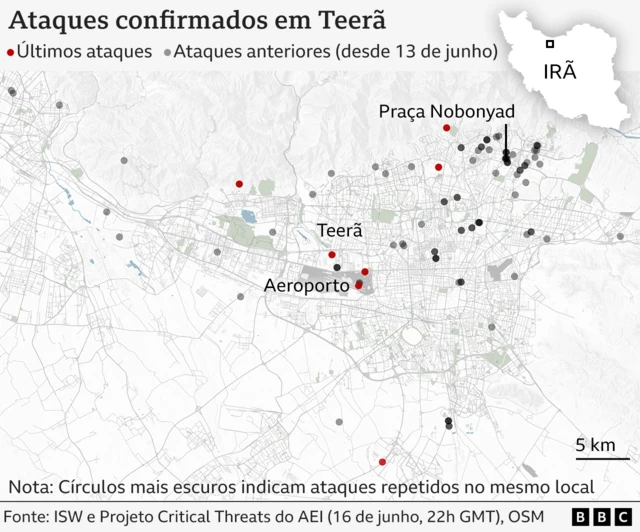 Mapa mostra ataques confirmados em Teerã