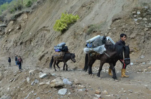 খচ্চরের পিঠে ভোটের সরঞ্জাম চাপিয়ে পায়ে হেঁটে রওনা দিয়েছেন ভোটকর্মীরা