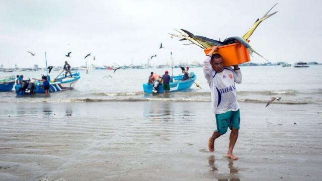 صياد يحمل وعاء فيه سمك التونا في شاطئ لابوزا في مانتا وهي أكبر ميناء في الإكوادور
