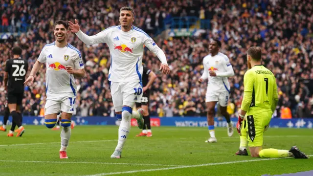 Leeds United players celebrate scoring a goal against opponents Stoke City at Elland Road on Monday.
