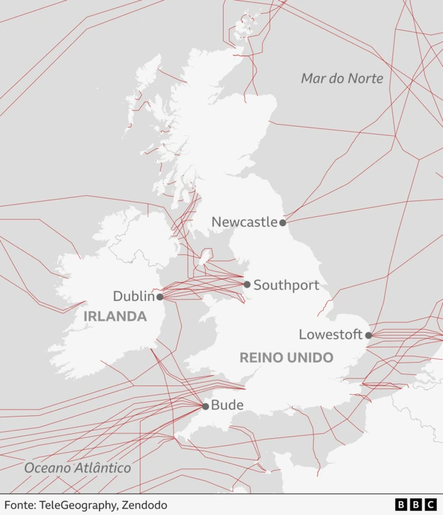 Mapa mostrando cabos submarinos