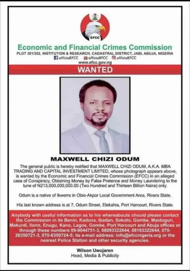 Wanted poster for Maxwell Chizi Odum