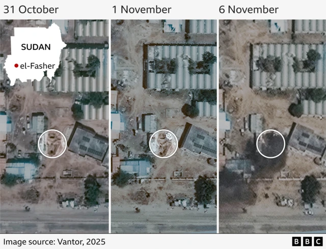 Des images satellites prises les 31 octobre, 1er novembre et 6 novembre semblent montrer des objets blancs – que l’on pense être des corps – placés dans une zone creusée dans l’enceinte de l’hôpital saoudien, puis incendiés.