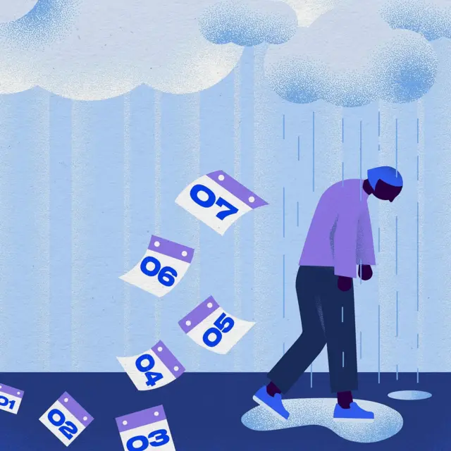 구름 아래 비를 맞으며 걸어가는 우울한 여성을 그린 일러스트