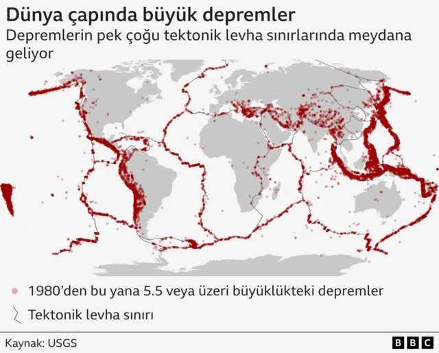 Dünya haritası üzerinde büyük depremler grafiği. 