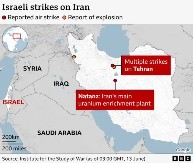 इरानमा हमला भएका स्थानहरूको नक्शा