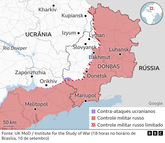 mapa mostra controle militar russo e ucraniano