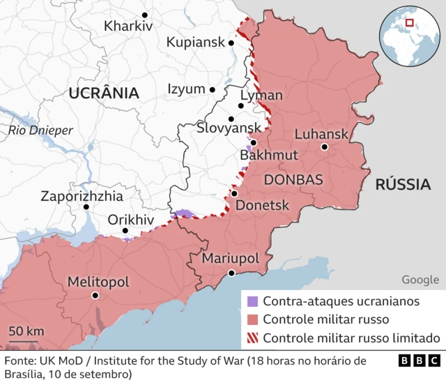 mapa mostra controle militar russo e ucraniano