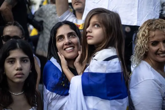Israelis gather at Hostages Square to celebrate after the release of the first group of hostages held in Gaza on October 13, 2025 in Tel Aviv, Israel. 