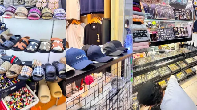 Các mặt hàng nhái được bày bán tại Sài Gòn Square, gồm giày dép, nón, quần áo, khăn, trang sức