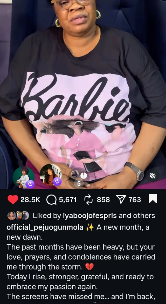 Ọrọ ti Peju Ogunmola kọ síta lójú òpó Instagram rẹ láti kéde pé òun ti bẹ̀rẹ̀ iṣẹ tíátà padà