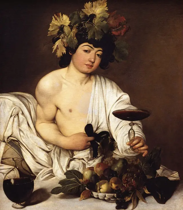 Pintura representando Baco, em que ele aparece rodeado de frutas e vinho