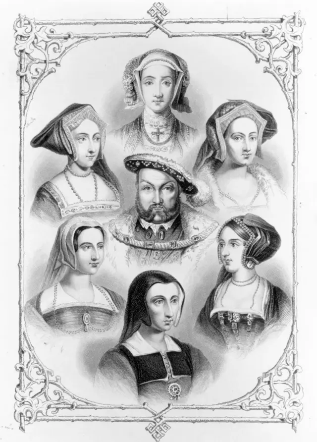 8. Henry, yukarıdan saat yönünde altı karısıyla çevrili: Anne Cleves, Catherine Howard, Anne Boleyn, Aragonlu Catherine, Catherine Parr ve Jane Seymour