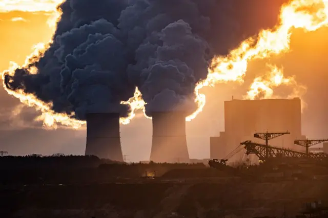 The lignite-fired power station of Schwarze Pumpe is pictured during sunrise on January 06, 2022 in Neupetershain, Germany