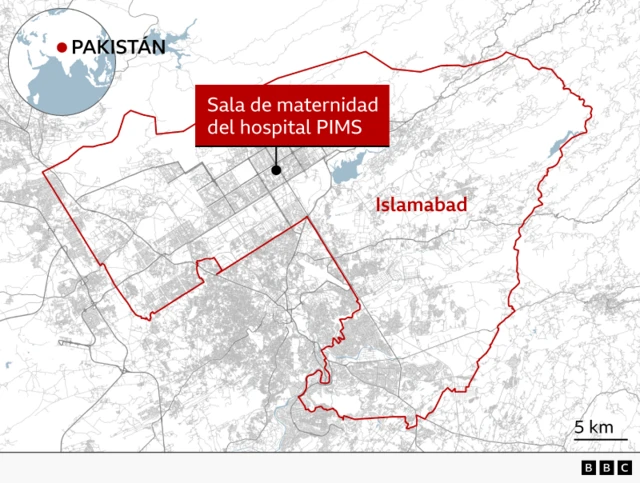Mapa que muestra la ubicación del hospital siniestrado en Islamabad, la capital de Pakistán.