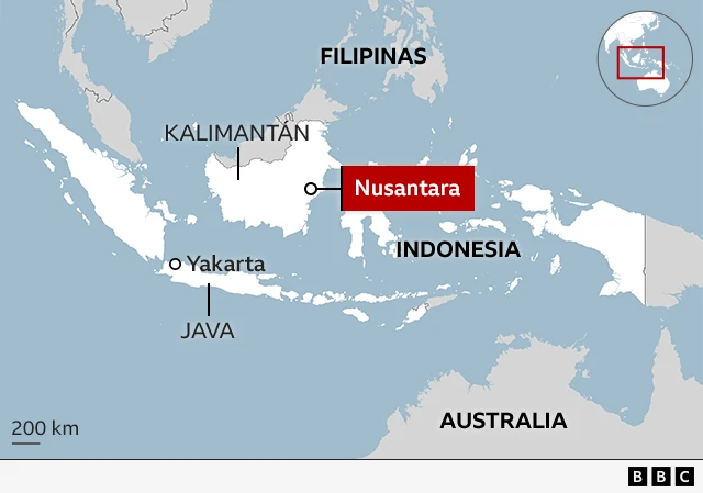 Mapa de Indonesia que muestra Nusantara y Yakarta