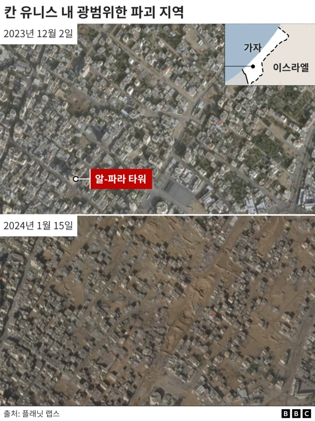 2023년 12월 2일, 2024년 1월 15일 칸 유니스의 위성 사진