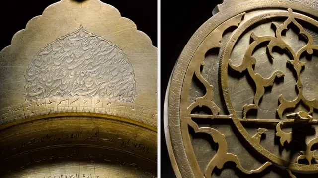 Close up image of the inscriptions and the ecliptic ring of the astrolabe showcase the fine craftsmanship. 