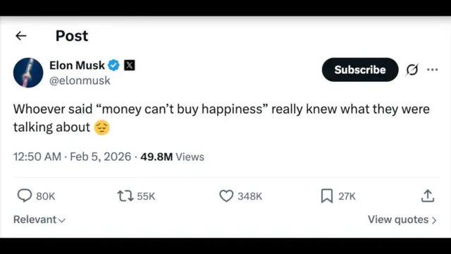 تصویری از نوشته ایلان ماسک در مورد خوشبختی در شبکه اجتماعی ایکس