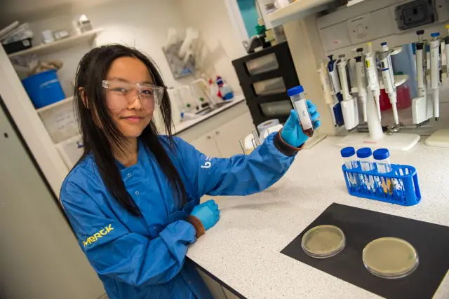 Scientist, Michelle Lin, in blue lab coat lifting a vial in a laboratory with petri dishes in front of her
