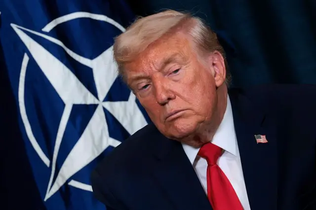 Trump yakın çekim. Arkada NATO bayrağı görülüyor. 