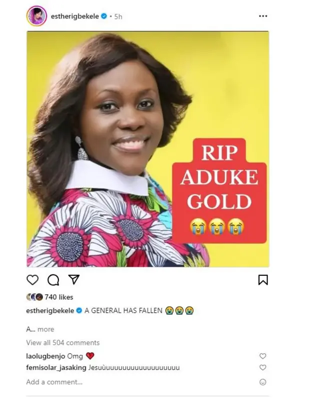 Aworan to kede iku Aduke Gold, ti Esther Igbekele fi sita.