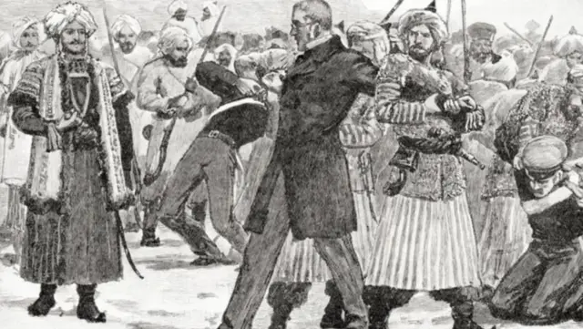 হাতে আঁকা ছবি যেখানে আফগান যোদ্ধাদের সঙ্গে ব্রিটিশ বাহিনীর লড়াই চলছে