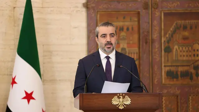 Şeybani gerisinde Suriye bayrağı var bir kürsüde konuşuyor.