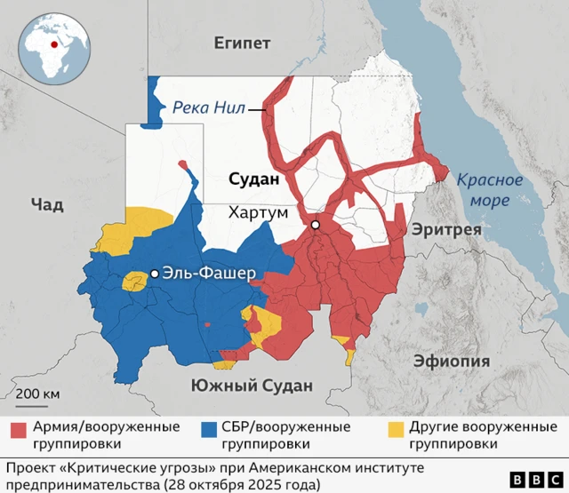 Карта, на которой разными цветами отмечены территории, контролируемыми разными силами по состоянию на 28 октября 2025 года