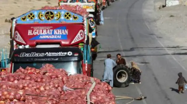 قطار لاریها در گذرگاه مرزی توقف داده شده اند. یک لاری حامل پیاز است.