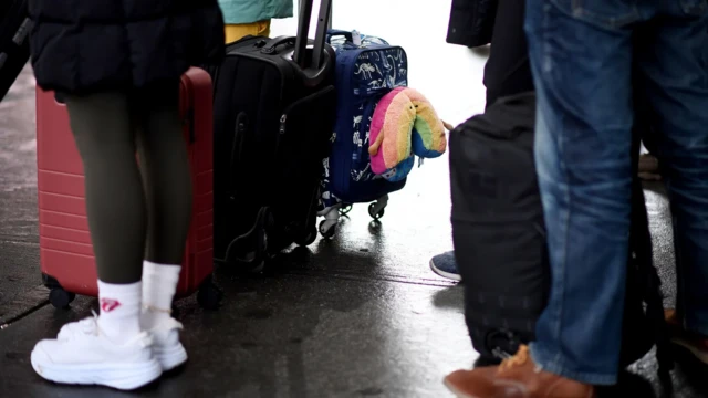 여행용 캐리어와 승객들