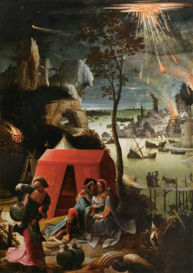 Lot et ses filles fuyant Sodome en pleine destruction, dans une peinture de 1520 de Lucas van Leydens