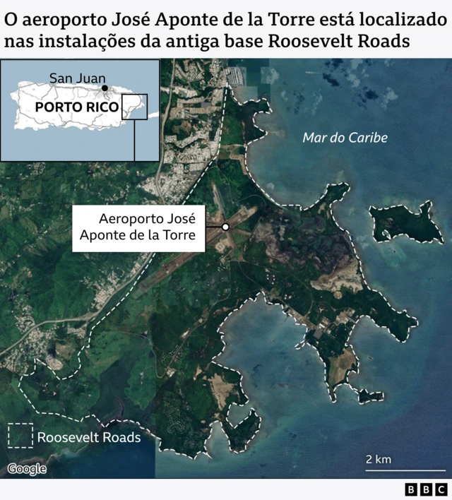 Mapa de Porto Rico que mostra a localização da antiga base Roosevelt Roads, no leste da ilha.