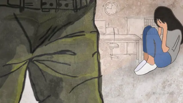 رسم كرتوني لفتاة خائفة بعد تعرضها للعنف من قبل رجل