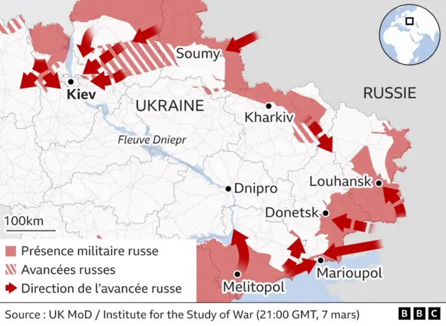 Carte montrant l'avancée militaire russe en Ukraine depuis l'est. Mise à jour le 7 mars