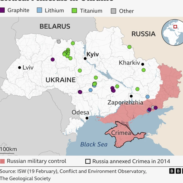 A map showing where critical minerals are located in Ukraine
