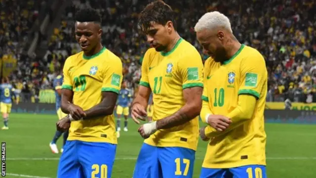 Vinicius Junior (left) and Neymar (right) celebrate a goal for Brazil against Colombia in November
