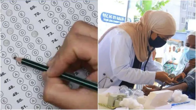 ፈተና ወረቀት እና ሰዓዳ አንዲት ሴትን ስትመረምር የሚያሳይ ምስል ጎን ለጎን 