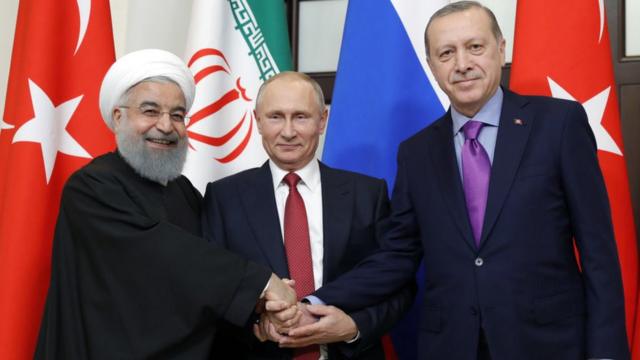 Hassan Rouhani, Vladimir Putin e Recep Tayyip Erdogan
