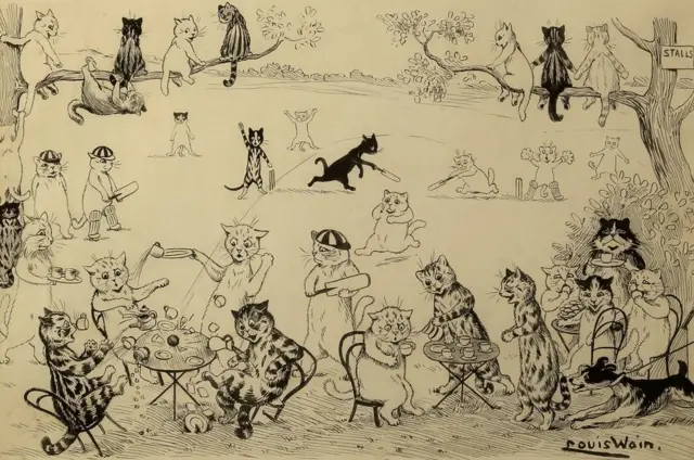 "Катастрофа в крикеті" зображає кішок, які грають і спостерігають за грою в популярний в Англії літній вид спорту