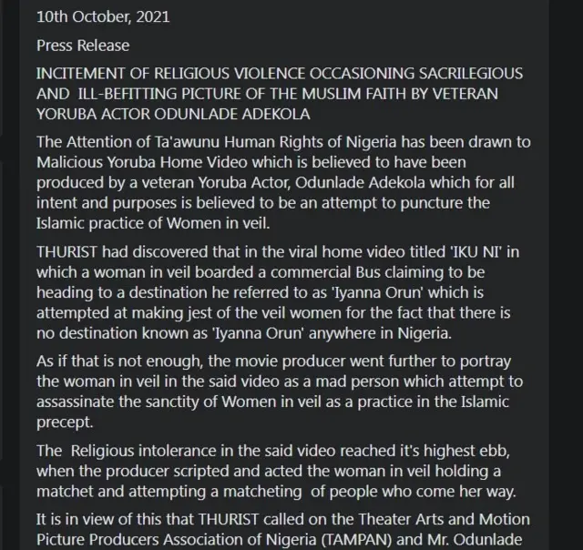 Ẹhonu ẹgbẹ THURIST lori sinima ti Ọdunlade Adekola gbe jade